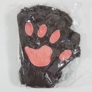 Bear Paw Pawprint Fingerless Plush Gloves Dk Brown